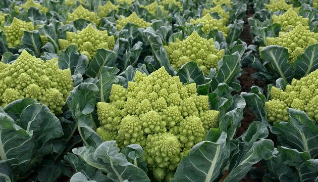 A field of fresh romanesco broccoli heads with their unique fractal spiral patterns and light green color, growing in an agricultural garden