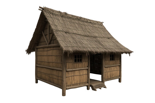 Straw hut with wood frame and thatched roof, representing archaic shelter, isolated element for construction or village scenes