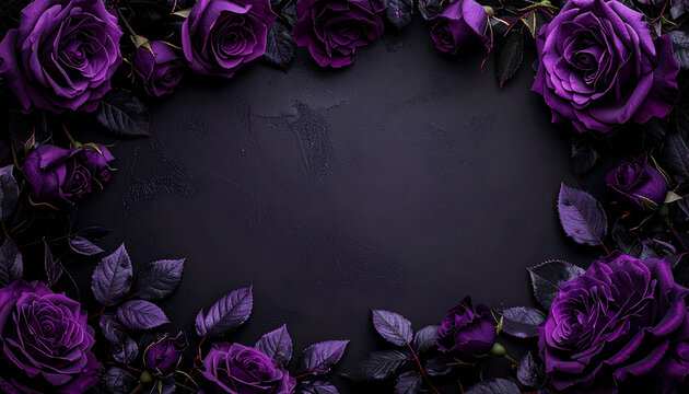 深紫のバラが縁取る高級ゴシックフラワーフレーム黒背景
Elegant deep purple rose frame on a black background with a luxurious gothic floral border