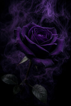 幻想的な煙に包まれた深紫のバラ、黒背景のゴシックフローラルアート
Deep violet rose surrounded by soft swirling smoke on a black background