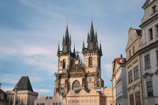 Ornate gothic architecture with iconic spires rising above historic buildings in central prague
