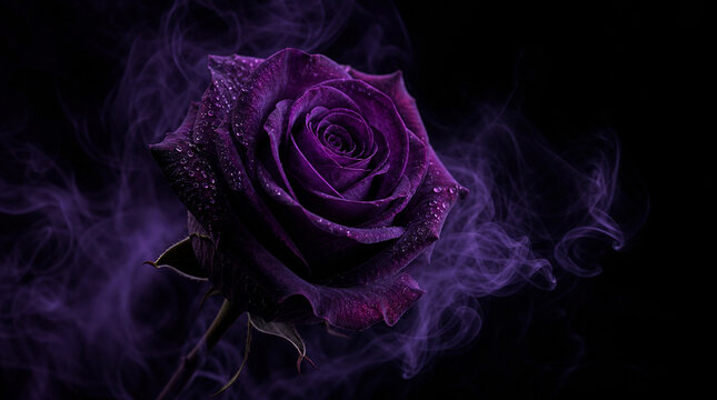 幻想的な煙に包まれた深紫のバラ、黒背景のゴシックフローラルアート
Deep violet rose surrounded by soft swirling smoke on a black background