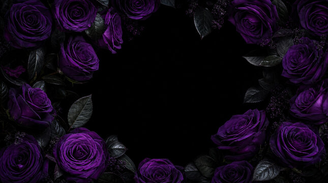 深紫のバラが縁取る高級ゴシックフラワーフレーム黒背景
Elegant deep purple rose frame on a black background with a luxurious gothic floral border