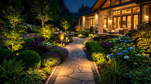 Night garden with glowing stone walkway and illuminated home patio landscape.