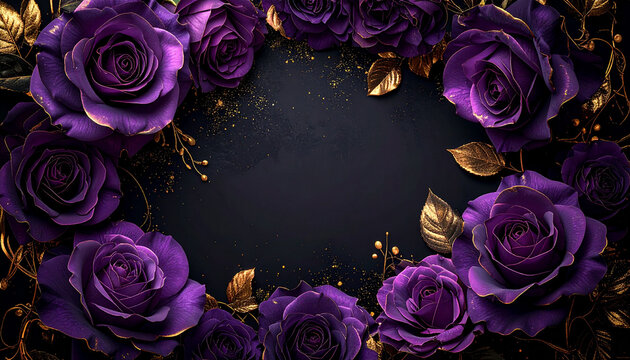 深紫のバラとゴールド装飾が彩る高級ゴシックフラワーフレーム黒背景
Luxurious deep purple rose frame with elegant gold accents on a black background