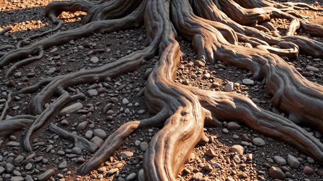 Textured roots of ancient tree in sunlight. Natural landscape showcases intricate patterns of bark and earth. Serenity and beauty captured in nature's details.