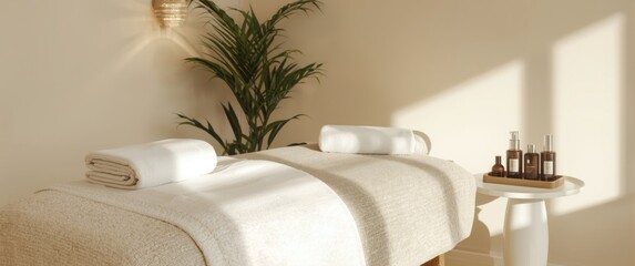 Fototapeta na wymiar Spa Treatment Room with Massage Table - Relaxing Ambiance, Natural Light, Calming Decor