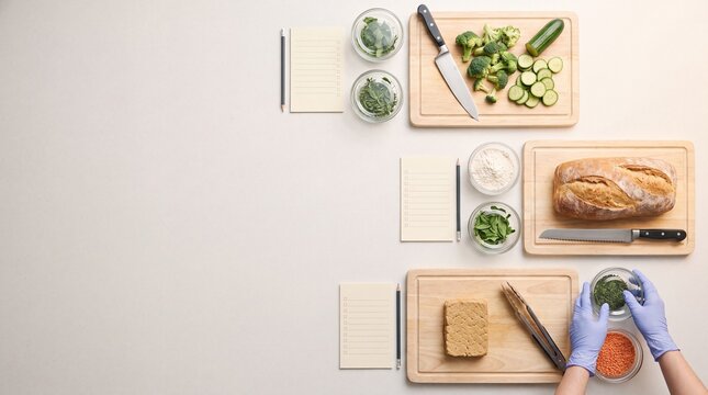 Overhead view of chopped fresh vegetables and bread on white kitchen counter, healthy cooking recipe