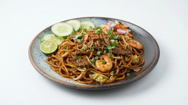 Mie Aceh Goreng Traditional Indonesian Dish Isolated on White Background