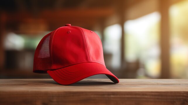 A photo of a red trucker hat on a wooden table.