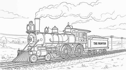Vintage Steam Train Coloring Page, Frontier Locomotive on Tracks © rian