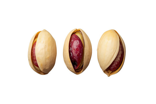 Three cracked pistachios showing their red purple skin and green nutmeat. Healthy snack food isolated