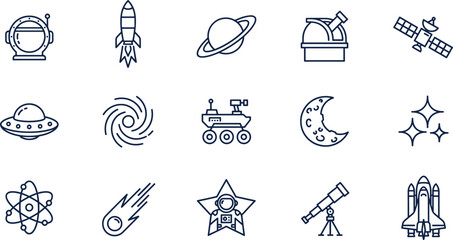 Astronomy and Space Exploration Thin Line Icon Set Featuring Astronaut Helmet, Rocket Launch, Observatory, Rover, Planets, Galaxies, and Telescope Vector Illustration © Miss