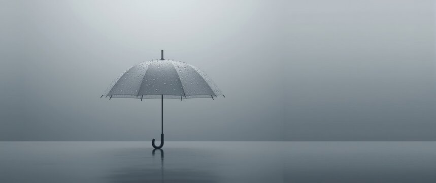 Transparent Umbrella with Raindrops on a Reflective Surface in Soft Light