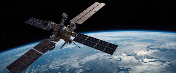 Space Station Orbiting Earth with Solar Panels and Blue Atmosphere © vxnaghiyev