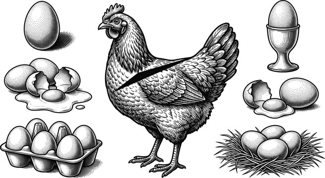 Vintage chicken and eggs vector set with woodcut engraving elements for organic farm poultry market and agriculture product design