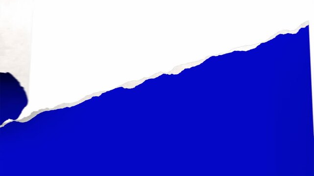 Backside Torn Paper Transition Right to Left on Blue Background, Diagonal Edge Reveal Wipe, Realistic Scene Change for Video Editing