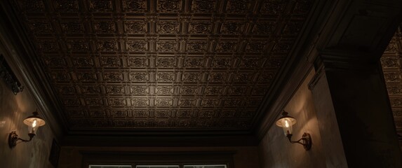 Ornate Ceiling Design with Wall Sconces in Dim Light Interior © vxnaghiyev