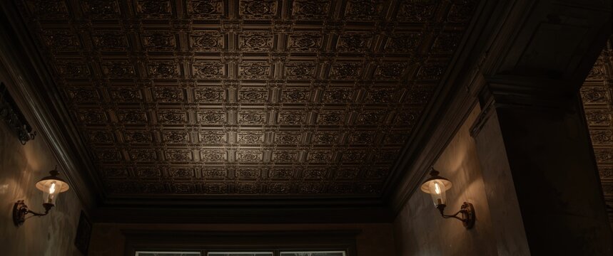 Ornate Ceiling Design with Wall Sconces in Dim Light Interior
