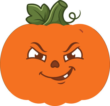 A cute cartoon illustration of a mischievous halloween pumpkin with a sly smirk and expressive eyes isolated on a white background design