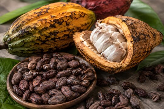 Fresh cocoa pod cut open showing white pulp and cocoa beans in a bowl
