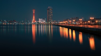 Obraz premium Modern City Skyline at Night with Water Reflections.