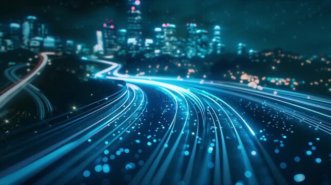 Low-angle cyber metropolis at night featuring fast electronic data transfer and glowing light trails (AI Generated)