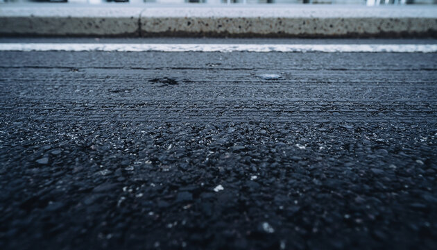 Close-up low-angle view of dark asphalt road surface with a white line and concrete curb in the background, showing detailed texture.