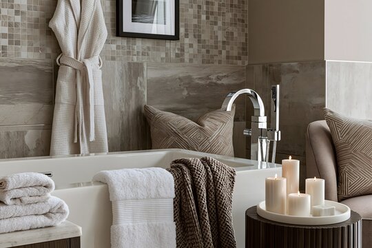 minimalist bathroom vanity with brushed metal tapware and stone tile accents. luxury bath interior with deck-mounted tub filler, warm stone tiles