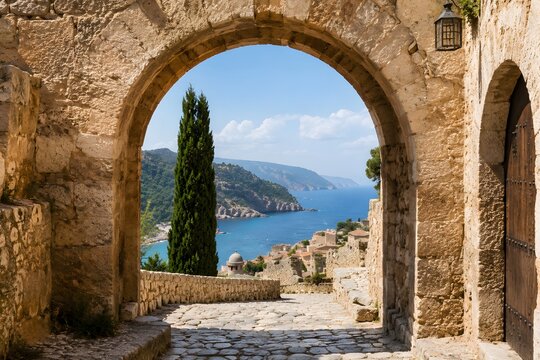 Scenic view of the blue sea and coast through an ancient stone archway
