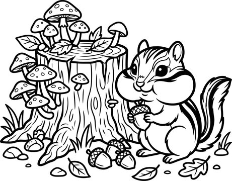 Cute chipmunk coloring page standing by forest tree stump with mushrooms and acorns on ground in woodland nature setting for kids activity book design.