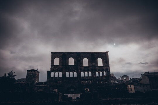 The remains of the ancient Roman theater in Aosta, in the Aosta Valley, perfectly preserved in a cold winter of 2024.