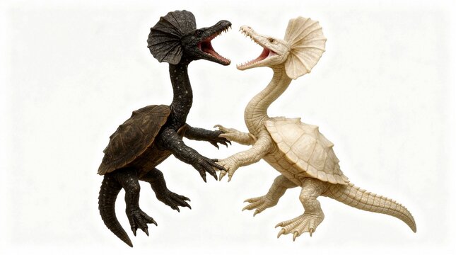 Two prehistoric imaginary reptiles face to face