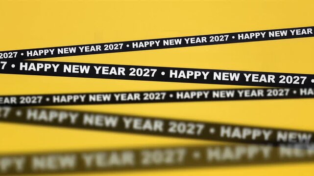 Happy New Year 2027 celebration with vibrant yellow background and black text, seamless loop, symbolizing festive greetings and new beginnings