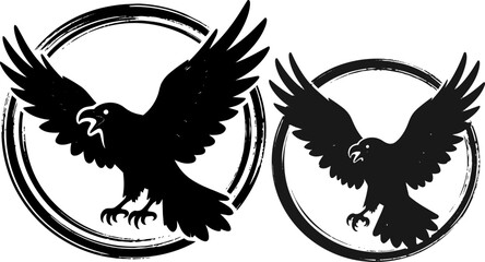 Obraz premium Vintage raven silhouette logo set, black crow bird with spread wings in circular frame, gothic raven vector graphics for apparel and tattoo design