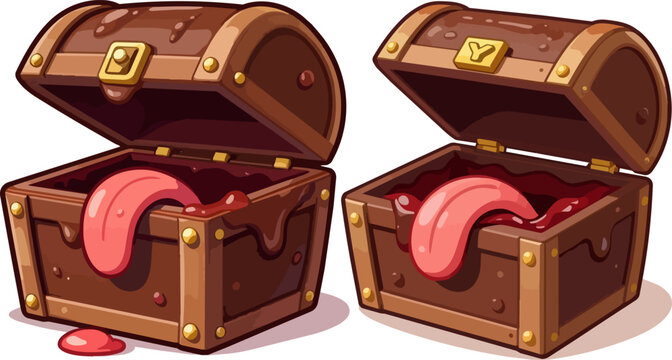 Fantasy mimic treasure chest monster vector, cartoon wooden trunk with long pink tongue, spooky rpg game loot box illustration