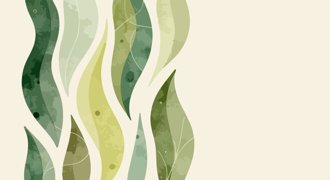 Abstract watercolor leaves background, organic green foliage vector illustration, botanical nature border for spring wedding invitations and eco branding