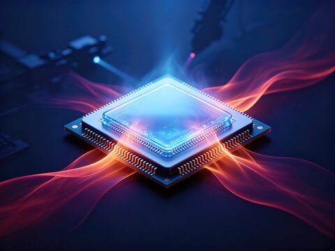 Glowing AI processor with dynamic digital energy flow, idea for artificial intelligence, semiconductor technology, cloud computing, business presentation, innovation marketing, or technology branding