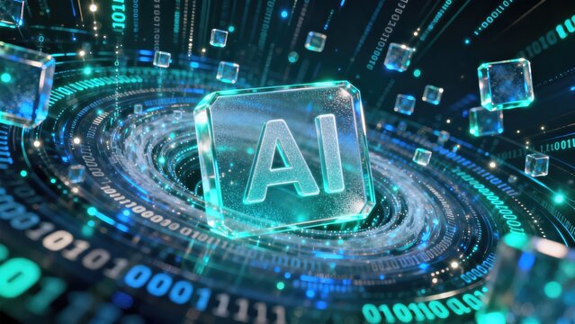 Glass AI symbol surrounded by binary data stream, idea for artificial intelligence, machine learning, software development, digital branding, website hero banner, or technology presentation