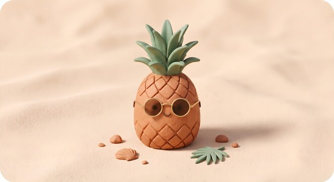 Cute minimalist 3D terracotta clay pineapple with sunglasses on pastel sand background