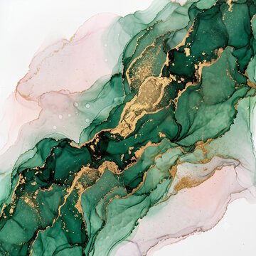 Emerald and gold alcohol ink fluid art texture with swirling marble layers