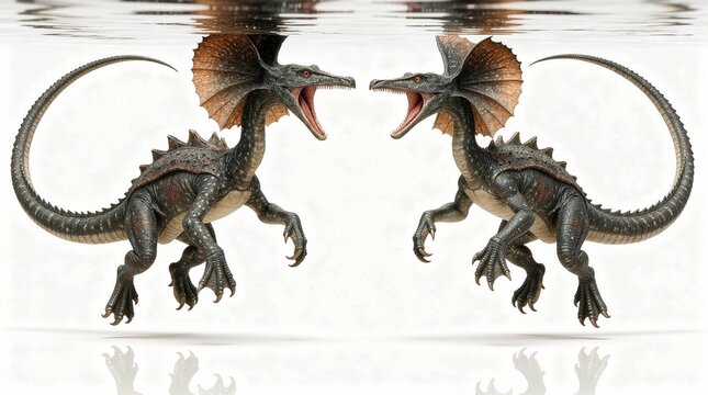 Two prehistoric imaginary reptiles face to face