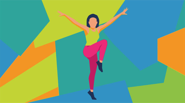 Vector illustration of an aerobic dance movement featuring a person in a dynamic fitness pose, suitable for sports, gym, and wellness design projects. Isolated on white background.