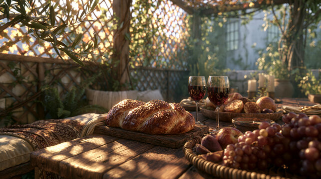 Photorealistic commercial stock photo, close-up of a wooden table inside a sukkah set with challah bread, wine, and seasonal fruit, dappled sunlight filtering through the schach ro