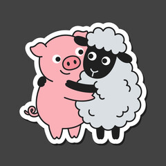 Obraz premium Cartoon pig and sheep hugging sticker.