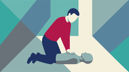 Fototapeta premium Vector illustration of CPR training showing hands performing chest compressions on a medical manikin for a first aid certification course and emergency response education.
