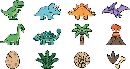 Cute Kawaii Dinosaur Vector Character Set Featuring Tyrannosaurus, Triceratops, Stegosaurus, Volcano, and Prehistoric Nature Elements for Kids Graphic Designs © Samsuddin