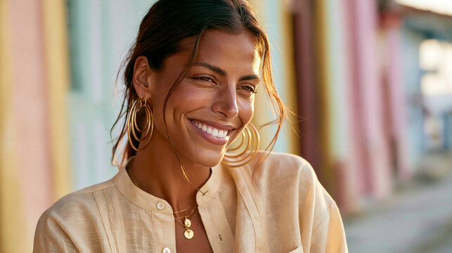 Photorealistic commercial stock photo, close-up of a woman's guayabera shirt and gold hoop earrings as she talks with a friend on a Havana street corner, pastel building walls blur