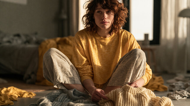 Photorealistic candid lifestyle scene of a woman sitting on a bedroom floor in her morning loungewear, legs crossed, folding and choosing between two sweaters laid in front of her