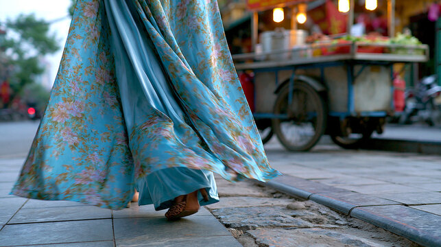 Photorealistic commercial stock photo, close-up of a woman's silk ao dai fabric flowing as she walks past a Hanoi street food cart, motion blur of the fabric, warm humid morning li